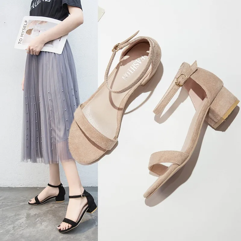 

Sandals Women's 2019 Summer New Style Korean-style Chunky-Heel Sandals Straight-line Buckle Semi-high Heeled Peep-Toe Sandals Fa