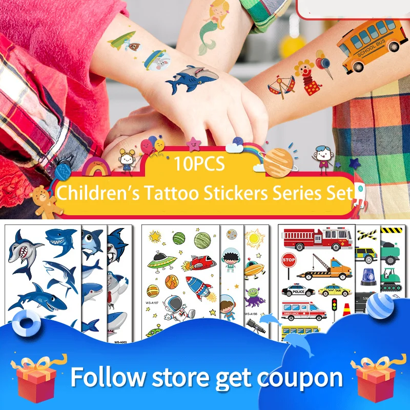 10PCS Children's Tattoo Stickers Waterproof Temporary Transfer Cartoon Fake Mermaid Unicorn Cute Funny Decoration Gift Kids Toy 10pcs fake tattoo sticker luminescen waterproof temporary cartoon ocean animal whale shark body transfer children kid toys gift