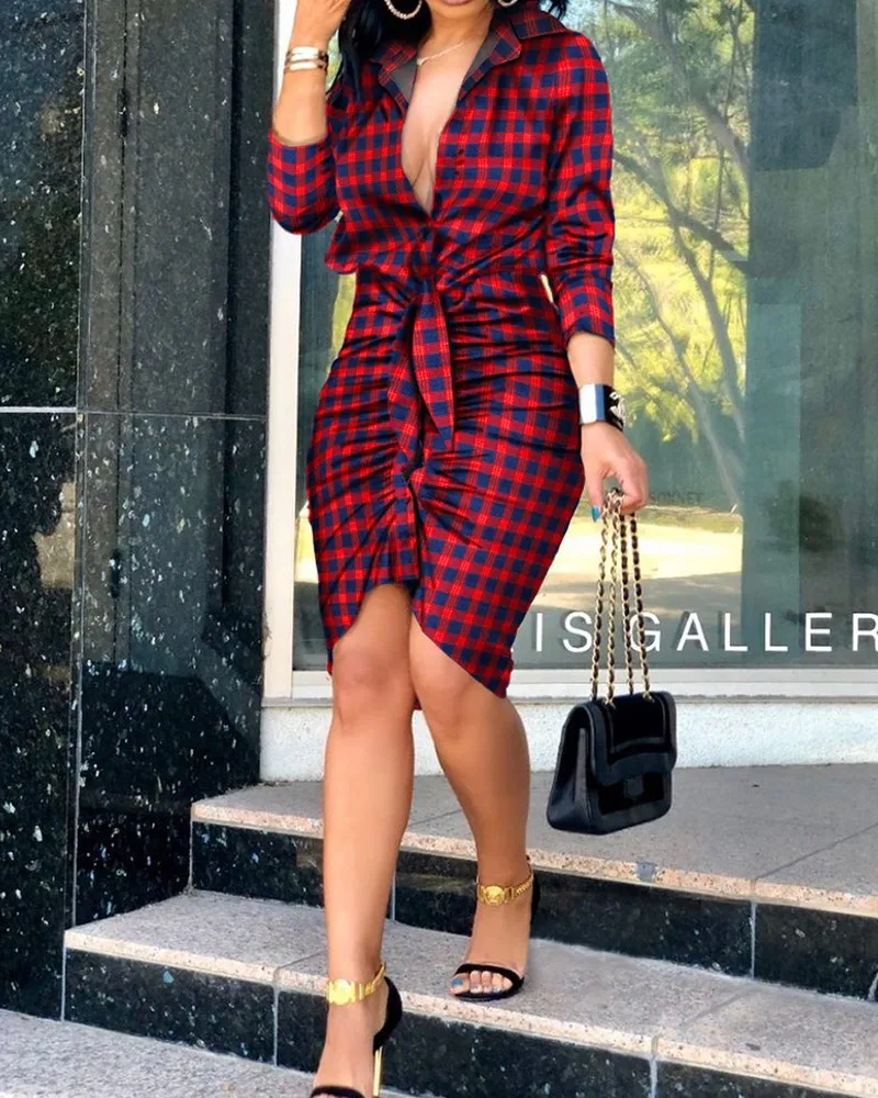 Autumn Formal  Print Ruched Dress  V-neck Tie Solid Color Printing Long-sleeved Mid-length Shirt Dresses Sexy Women Office Lady