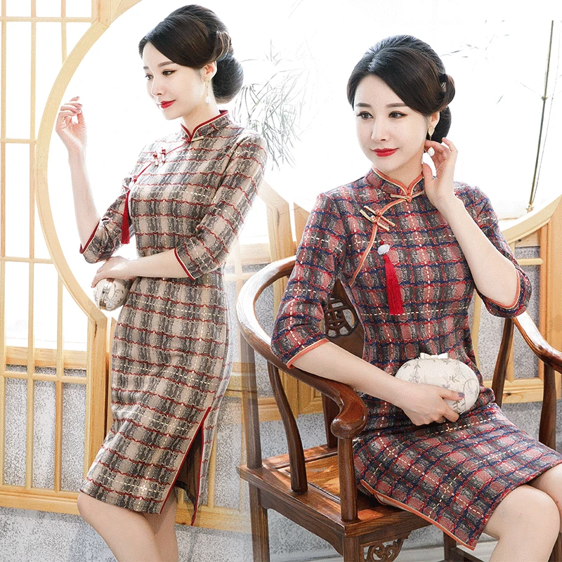 

Plus Size Women Mandarin Collar Qipao Lady Business Dress Chinese Vintage Half Sleeve Cheongsam Elegant Print Flower Vestidos