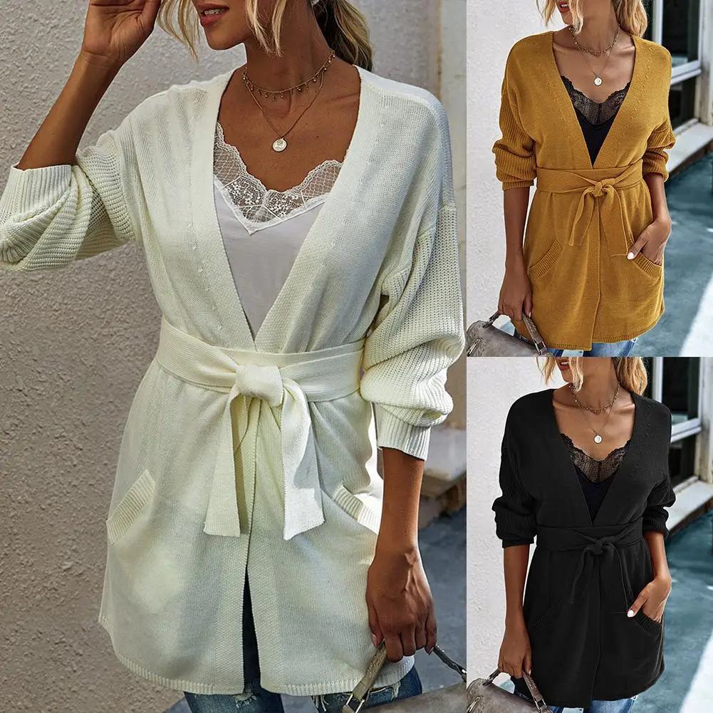 Casual Women Autumn Solid Color Open Front Sweater Cardigan Pockets Belt Coat |