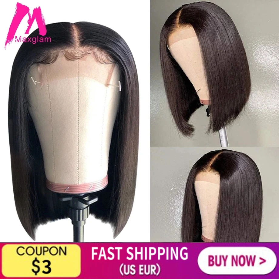 Peluca de Bob corto con cierre 4x4, pelucas de cabello humano con encaje frontal, peluca Natural directa brasileña Remy prearrancada larga para mujeres negras 130%