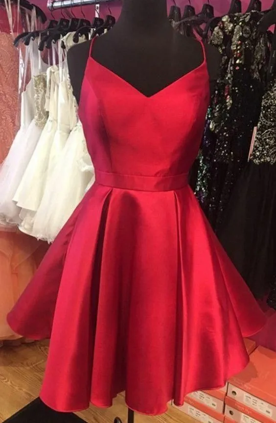 

Elegant Short Satin V-Neck Homecoming Dresses with Pockets Criss Cross Back Knee Length Red Abendkleid Robes de Soirée for Women