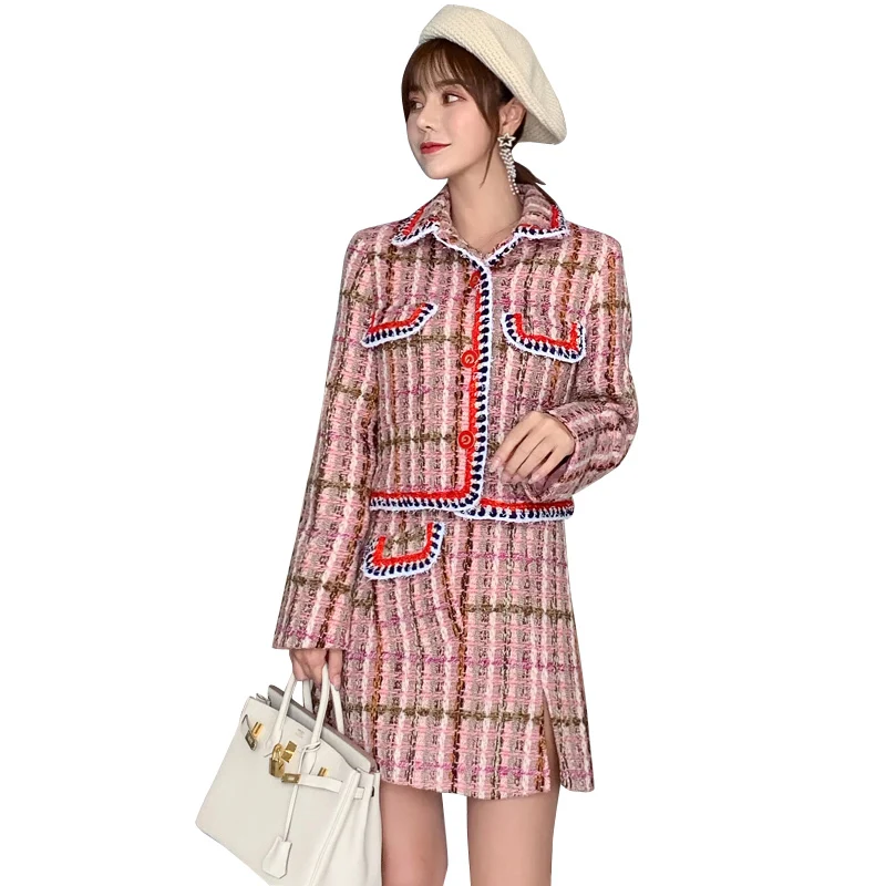 

Luxury Brand Autumn High Quality Women Two Piece Sets New Wool Blend Tweed Long Sleeve Short Jacket Coat + Bodycon Skirt Suits