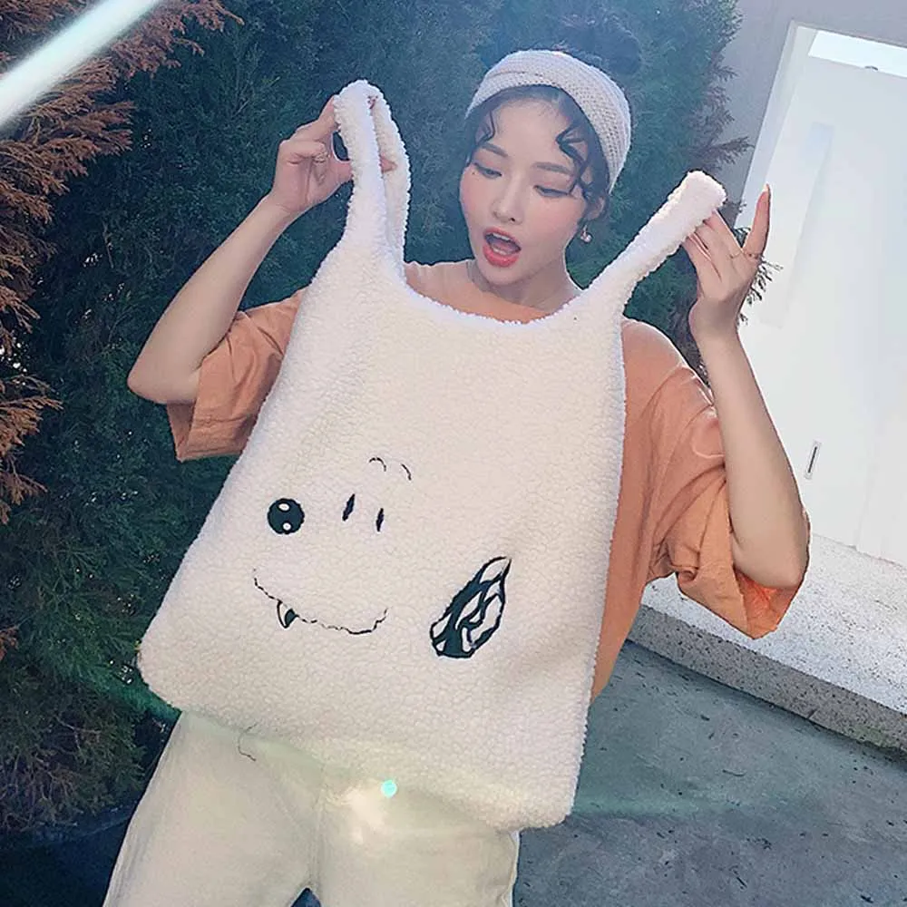 TXJRH Корея Harajuku девушки милый белый смайлик мультфильм вышивка ягненка мех Пушистый Большой искусственный мех плюшевая сумка через плечо сумочка
