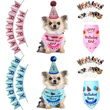 

Pet Birthday Banners Dog Hat Scarfs Set Cute Doggie Birthday Bandana Cake Insert Flag for Celebration Theme Party Supplies C42
