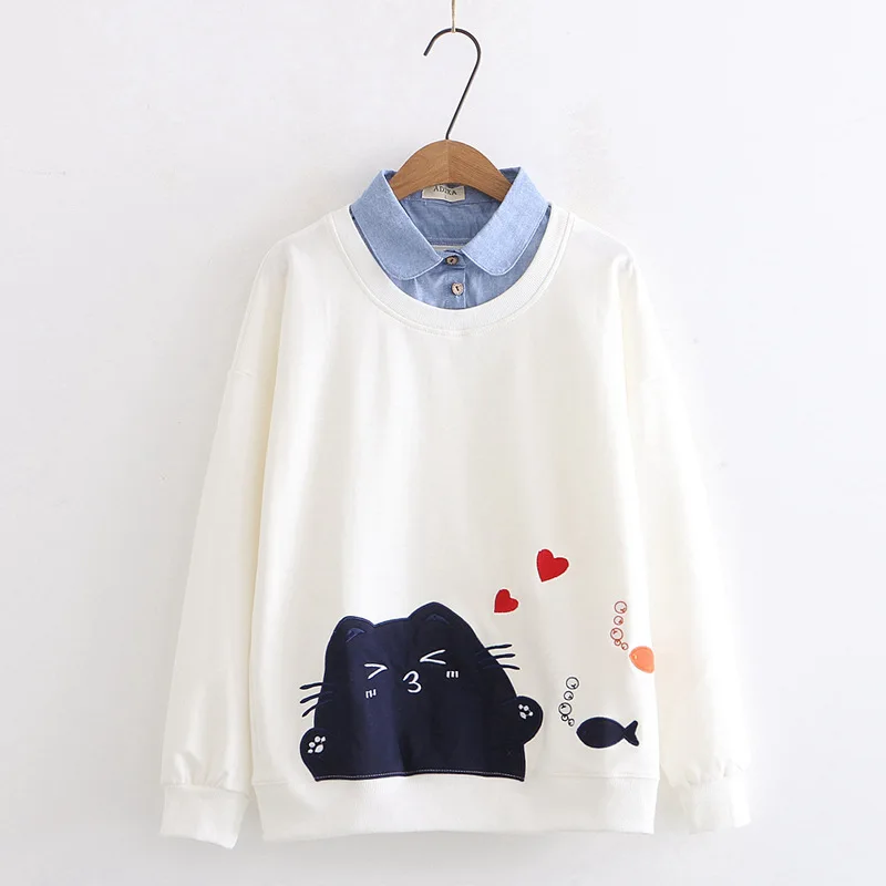 

Spring Autumn Sweet Sweatshirts Women Preppy Style Drop Shoulder Lapel Fake Two Pieces Student Cartoon Embroidery Loose Hoodies