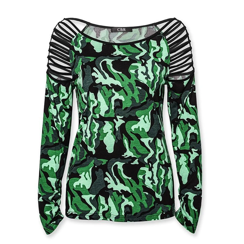 Зеленый Плюс размер Camouflage Печатный камуфляж сексуальный полый тонкий длинный рукав армейский зеленый женские Топы Футболка Femme Военная футболка SJ4480U - Цвет: Зеленый