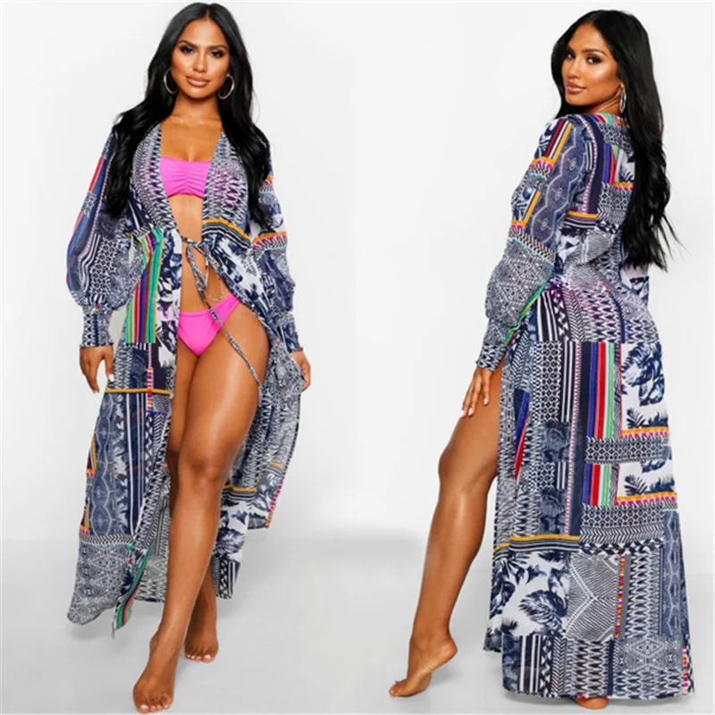 

Boho Print Chiffon Beach Dress Bikini Cover Up Tunics for Beach Long Kaftan Drawstring Robe De Plage Beach Sarong