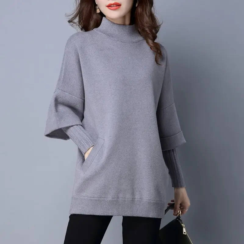 

Ladies Sweater Pullover Women Clothing Loose Patchwork Knitted Tops Autumn Winter Fake Two Bat Sleeve Turtleneck Jersey Mujer
