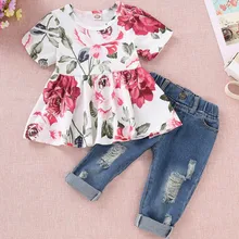 Girls Denim Suit Hot New Floral Long-sleeved Girls Clothes Waist Shirt Hole Cow Children Flower Print Set