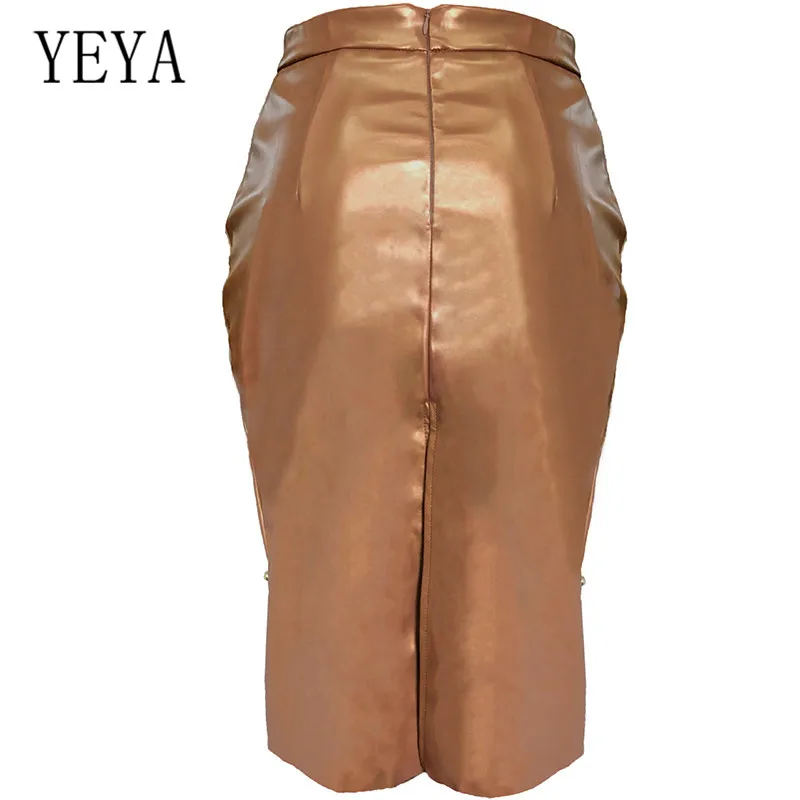 YEYA размера плюс M-XXL, высокая талия, вышивка бисером, искусственная кожа, юбка-карандаш, Женская Осенняя Зимняя юбка, сексуальная юбка-бандаж, Faldas Jupe