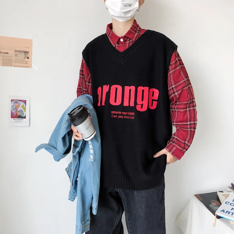 Autumn New Sweater Vest Men Fashion Letters Casual Knit Sweaters Vest Man Streetwear Loose Pullover Men Sweter Clothes M-2XL
