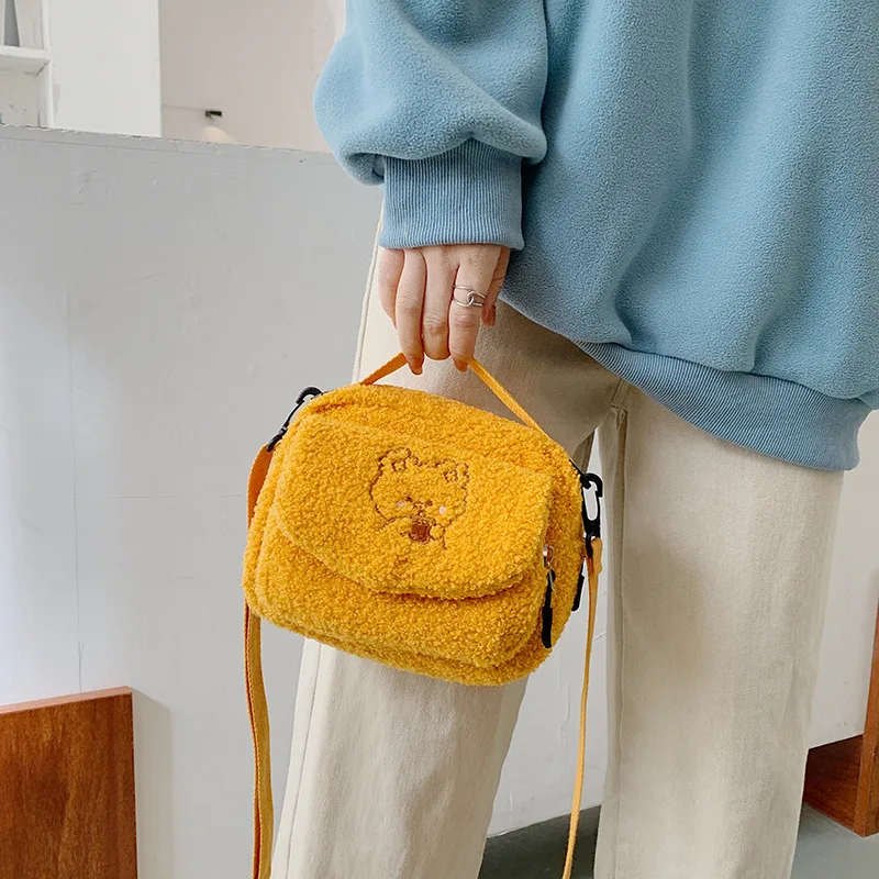 Women Mini Plush Shoulder Bag Female Small Canvas Cross Body Bags Ladies Cute Embroidery Zip Cloth Purse Mobile Phone Bag Tote