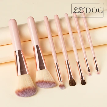 

ZZDOG 7Pcs Small Makeup Cosmetic Tools Portable Powder Blush Eye Shadow Eyebrow Blending Brushes Set Wooden handle Soft Hair