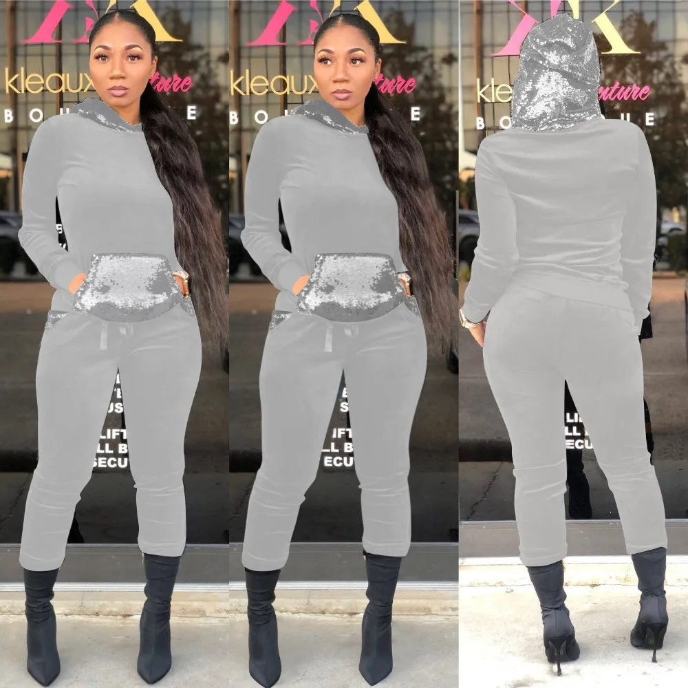 S-2XL roupas femininas, модный велюровый зимний комплект для женщин, 2 предмета, топы с капюшоном и тонкие штаны, спортивные костюмы с блестками, спортивный костюм пэчворк