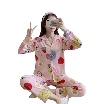 

Ladies Lapel Cardigan Sleepwear Suit Milk Fiber Cartoon Casual Home Wear Suit