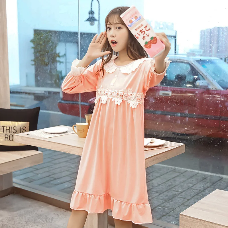 Осенний Дворцовый стиль с длинным рукавом женская одежда для сна в Корейском стиле Женская милая кружевная ночная рубашка Повседневная Верхняя одежда домашняя W