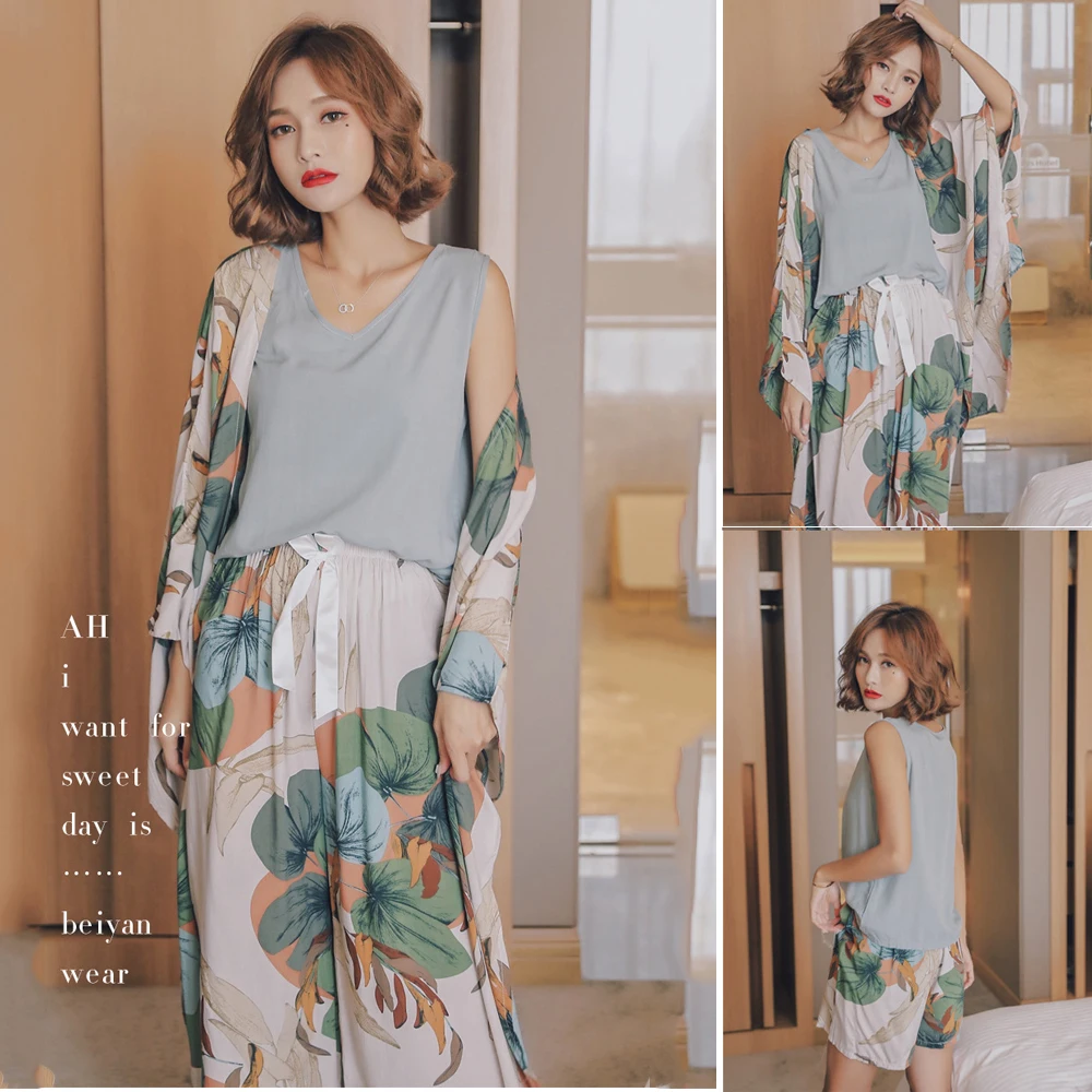 Женские пижамные комплекты из 4 предметов весенне летние Пижамные с цветочным