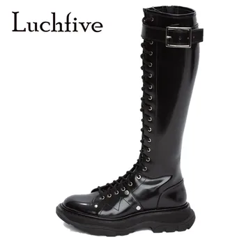 

2020 Winter New Knight Boots Lace Up Casual Flat Platform Shiny Black Leather Runway Shoes Women Buckle Strap Long Boots