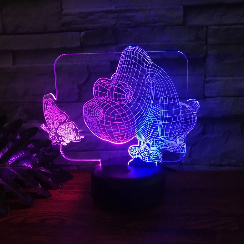 Двойной Цветной Ночной светильник с большим глазом собаки бабочки 3D иллюзия 7 цветов светодиодный акриловый Настольный светильник для