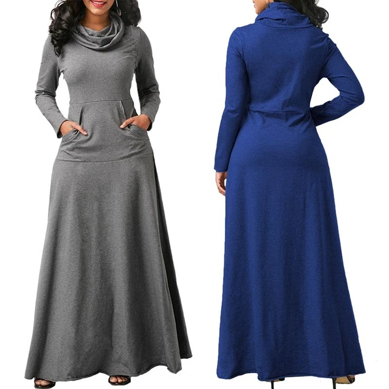 High Collar Dress Tall Women Floor Length Long Maxi Dresses Big Swing Pockets Slim Sleeve Vestido | Женская одежда