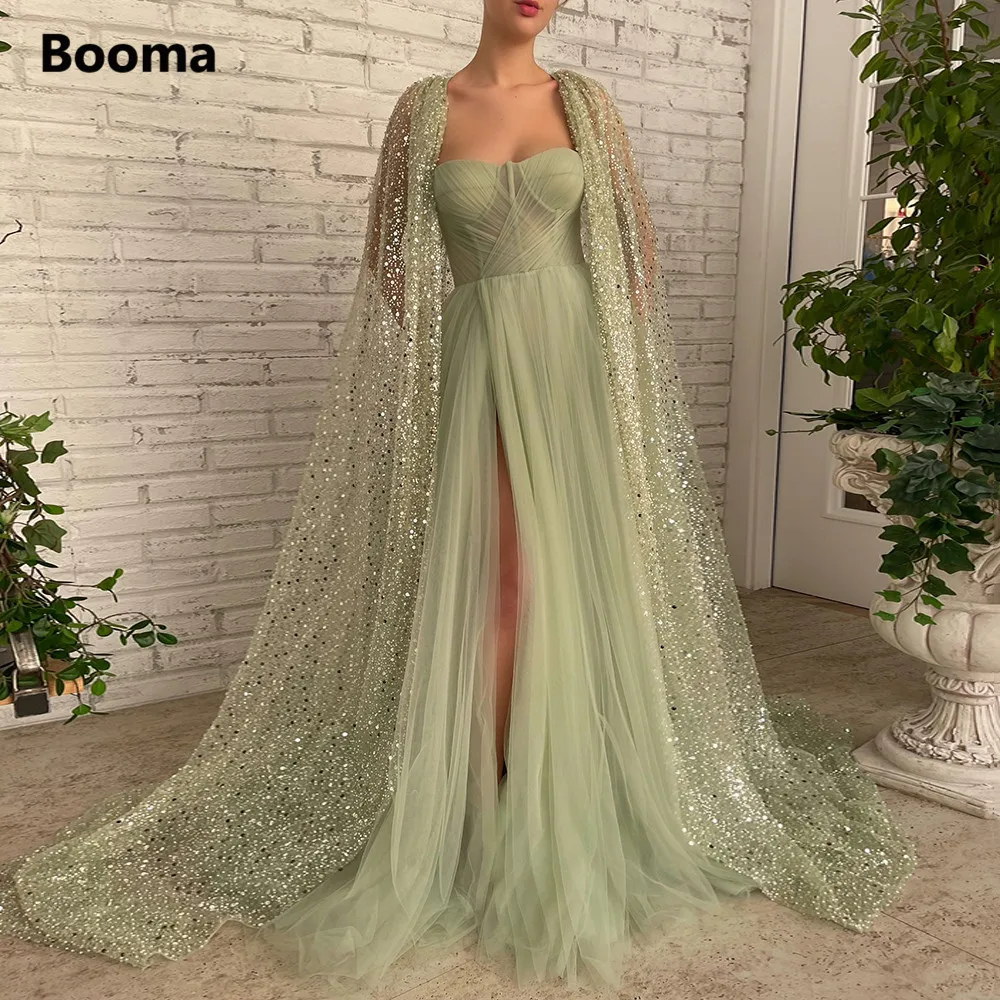 Booma Sage Green A-Line Prom Dresses with Glitter Sequin Lace Cape Sweetheart High Slit Maxi Evening