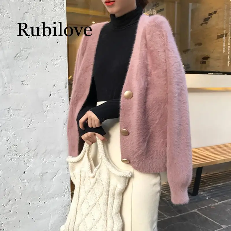 Rubilove, Корейская версия, осенний и зимний вязаный кардиган, v-образный вырез, женский свитер, Повседневный, свободный, длинный рукав, тонкая, на пуговицах, модная