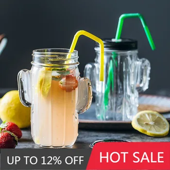

Nordic Glass Straw Cup Cactus With Lid Breakfast Milk Mug High Temperature Resistance Office Juice Coffee Cup Home Drinking Cup
