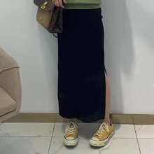 MEVGOHOT зима осень сплит высокая Талия вязаная юбка Женская длинная однотонная вязаная Повседневная модная юбка HD2681