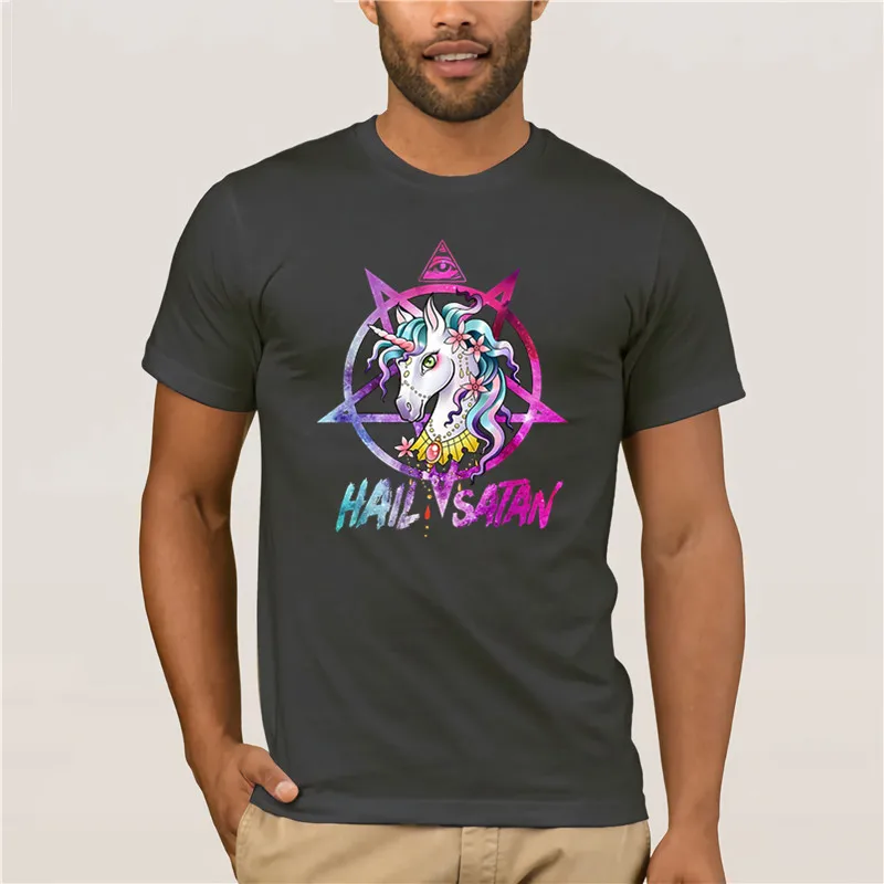 Модная мужская футболка с принтом единорога с надписью «Hail satan» Death Metal Rainbow Rave Новая летняя Стильная хлопковая модная трендовая футболка