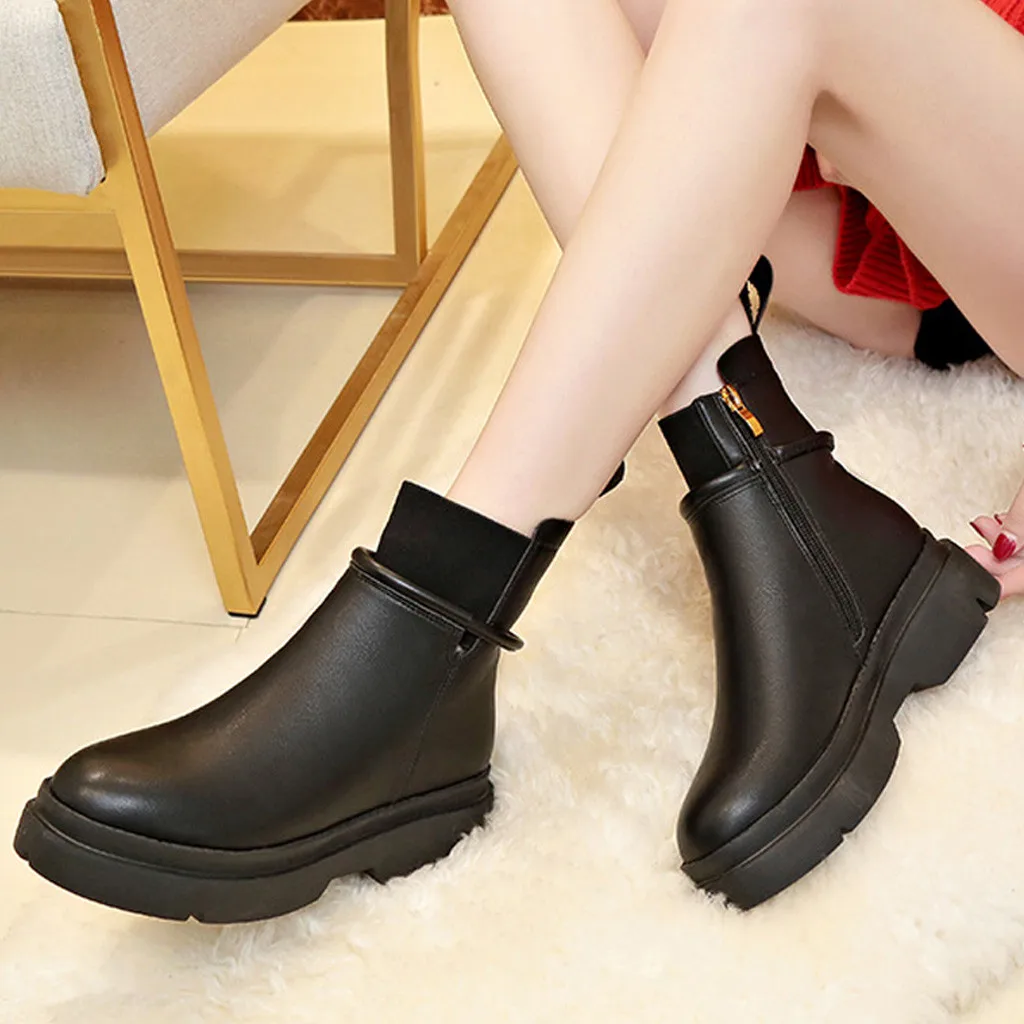 WoMen Winter Warm Boots Stitching Thick-Soled Students Rubber Shoes Solid Color Leather Side Zipper Short Botas Mujer | Обувь