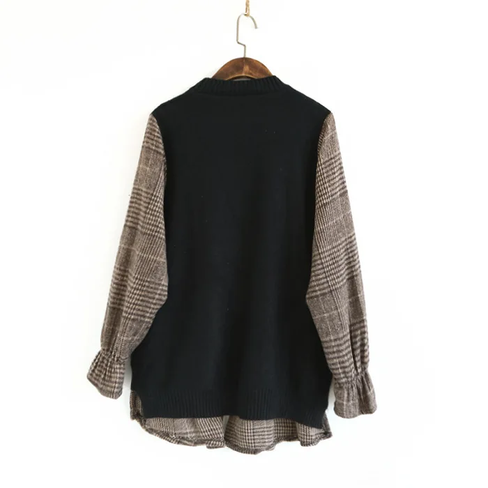 Faux two pieces plaid knitted patchwork sweater female autumn