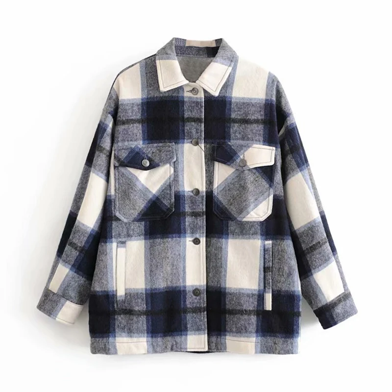 discount Plaid Overshirt Wool Blend Jacket Vintage Stylish Pockets Fashion Lapel Collar Long Sleeve Coat Cas