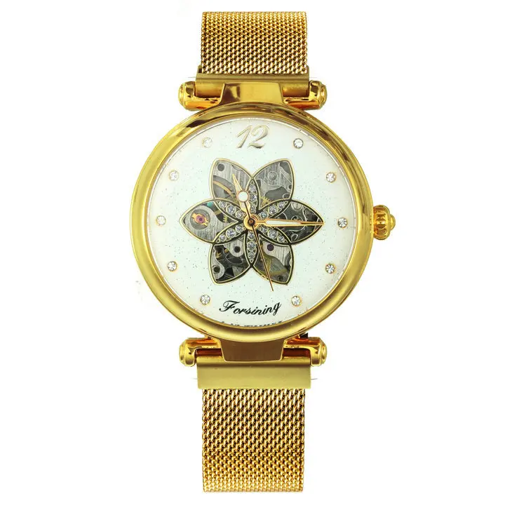 FORSINING Elegant Women Watches Top Brand Luxury Automatic Mechanical Skeleton Flower Bling Starry Dial Ultra Thin Ladies Watch - Цвет: GOLD WHITE