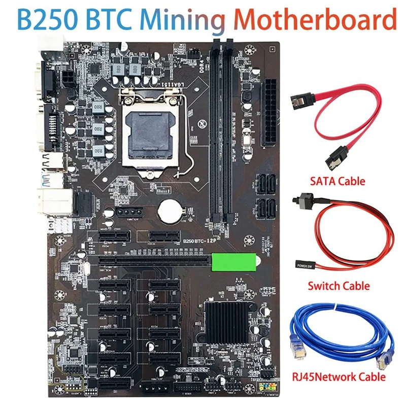 B250C BTC Mining Motherboard LGA1151 with RJ45 Network Cable +Switch Cable +SATA Cable 12XGraphics Card Slot USB3.0 best pc motherboard for music production