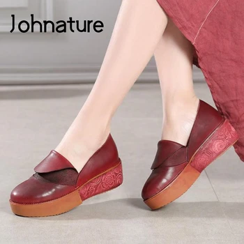 

Johnature Pumps Women Shoes Retro Platform Heels Round Toe 2020 New Autumn Genuine Leather Casual Handmade Concise Ladies Shoes