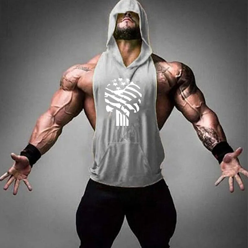 Skull Printing Bodybuilding Hooded Tank Tops men Gyms Stringer Shirt Fitness Tank Top Men Gyms Clothing Cotton Vest Shipping