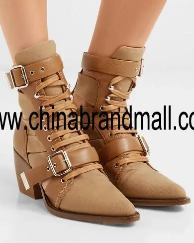 

Luxury Brand Spring Women Khaki Pointed Toe Cutout Leather And Canvas Ankle Boots Med-heels Martin Short Boots Lady Size 42