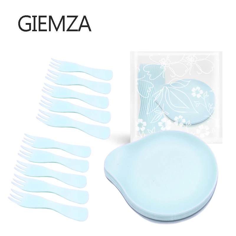 

GIEMZA Disposable Plate and Fork Pink Dinnerware Set Blue Solid Color Celebration Party Bbq Dishes Plastic Hard