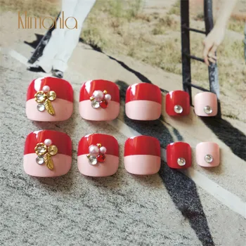 

24Pcs/Set Full Cover Artificial Pre-Design Toe False Summer Toes False Nails Rhinestone Pink Nail Art Tips Red Cute With Glue