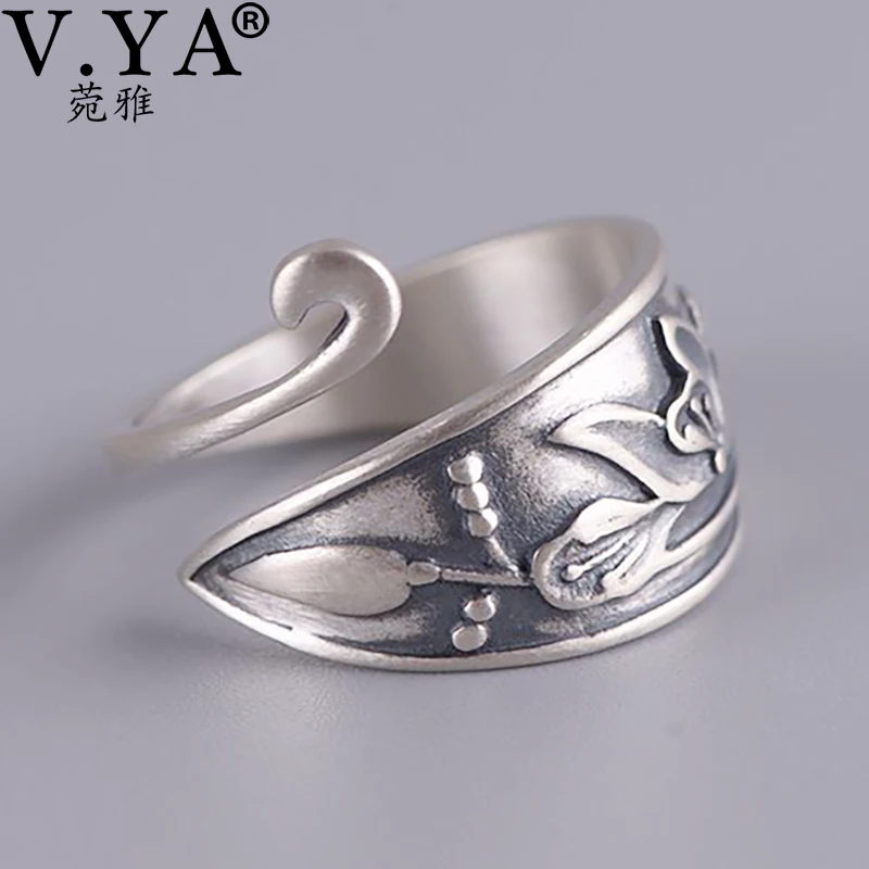 

V.YA Thai Silver Peacock Rings Animal Vintage Flower Print Jewelry Rings for Women Rings Adjustable