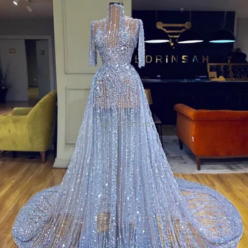 

Perspective A-Line High Neck Long Evening Dress Floor-Length Women Dress Tulle Beaded Rhinestone Sequined Formal Dress Prom