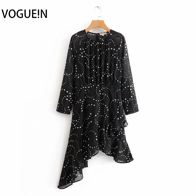 VOGUEIN New Womens Stars Print Transparent O-Neck Chiffon Asymmetrical Black Mini Dress Wholesale | Женская одежда
