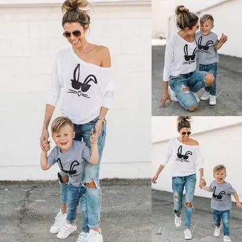 

DHL 100pcs Mother Kids Family Matching T-shirt Tops Casual Outfits Rabit Printed Clothes