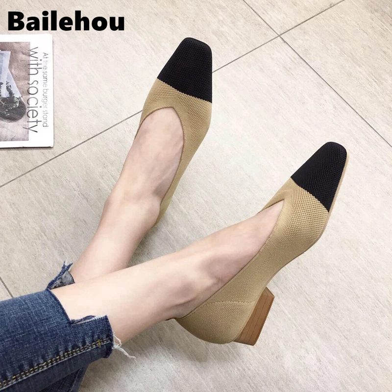 Bailehou New Female Slip On Flat Loafers Stretch Fabric Casual Flat Shoes Square Toe Shallow Ballet Flats Shoes Women Boat Shoes