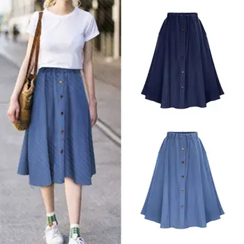 

Women High Waist Stretchy 5 Buttons Front A-Line Pleated Flowy Midi Long Skirt with Pockets Faux Denim Retro Casual Wear S-L