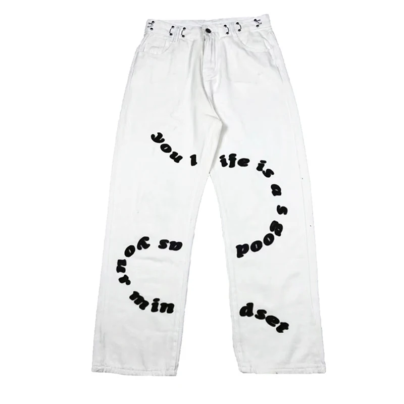 

New Jeans Women Streetwear Vintage Letter Print Loose High Waist Wide Leg Straight Pants Cotton Casual Denim Trousers Female