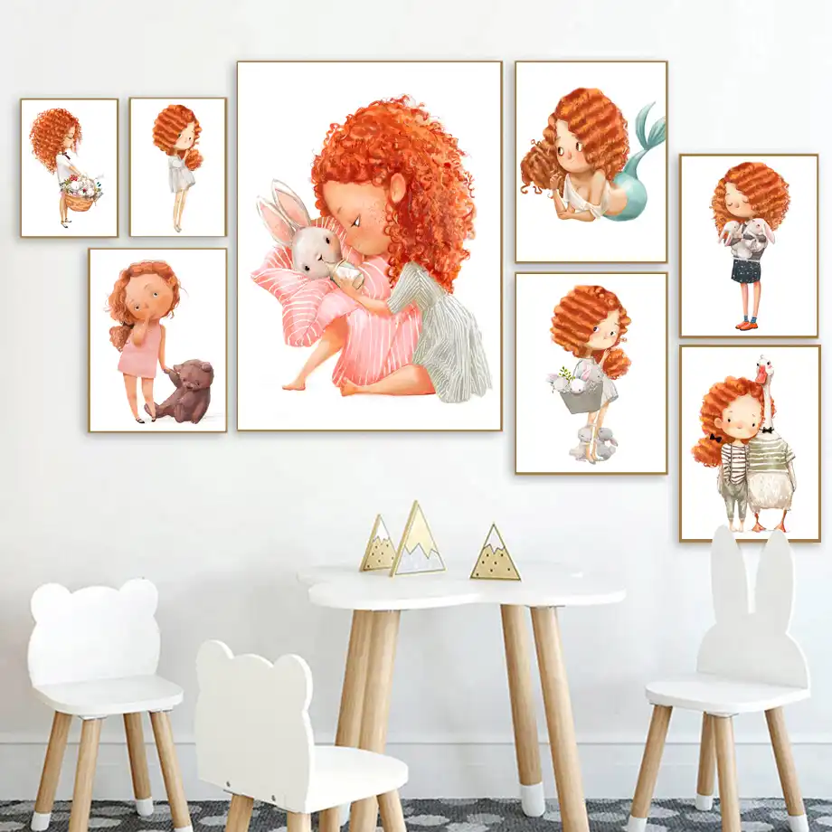 壁アートキャンバス絵画北欧ポスター少女ウサギベビーキッズルーム装飾人魚姫ポスターやプリント壁の写真 Aliexpress