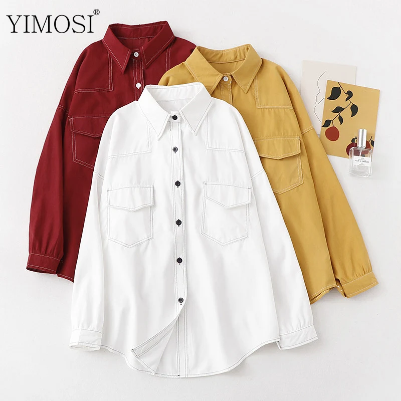 

Autumn Women White Blouse Shirt 2019 Casual Solid Long Sleeve Loose Shirts Tops Vintage Buttons Office Blouses